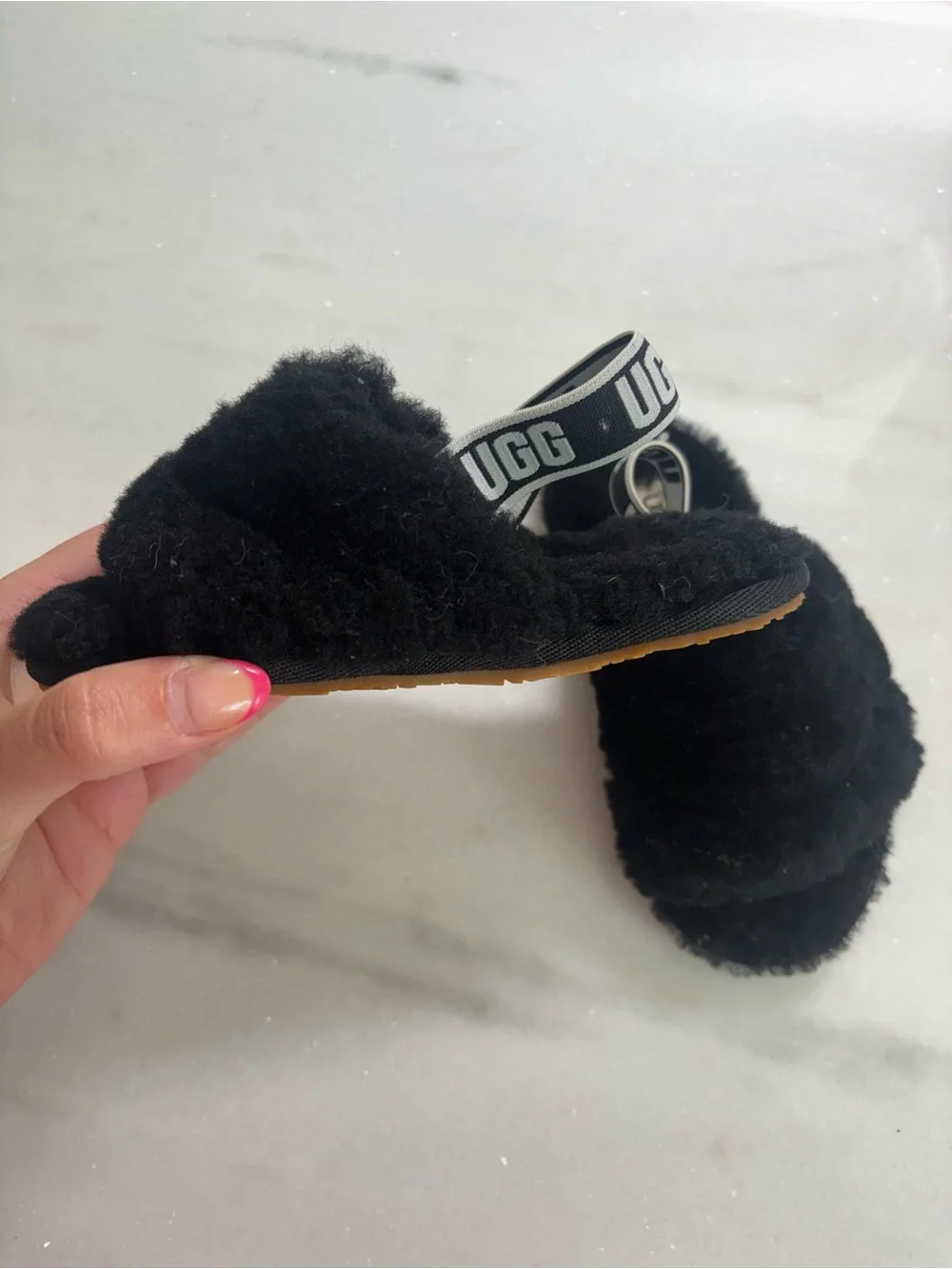 UGG Black Faux Fur Kids Slide Sandals with Branded Elastic Strap